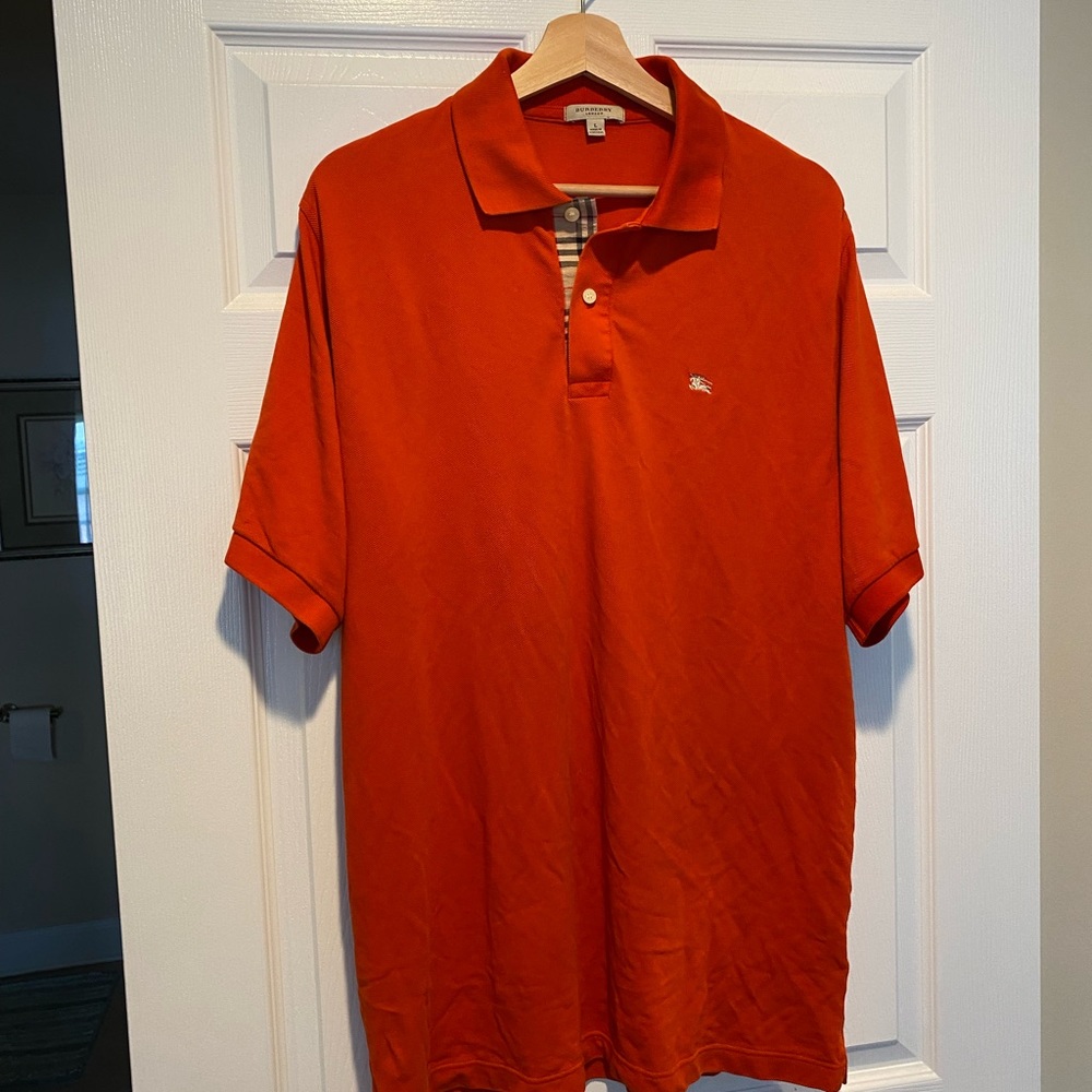 Burberry Men’s Orange Polo with Plaid-Placket Detail